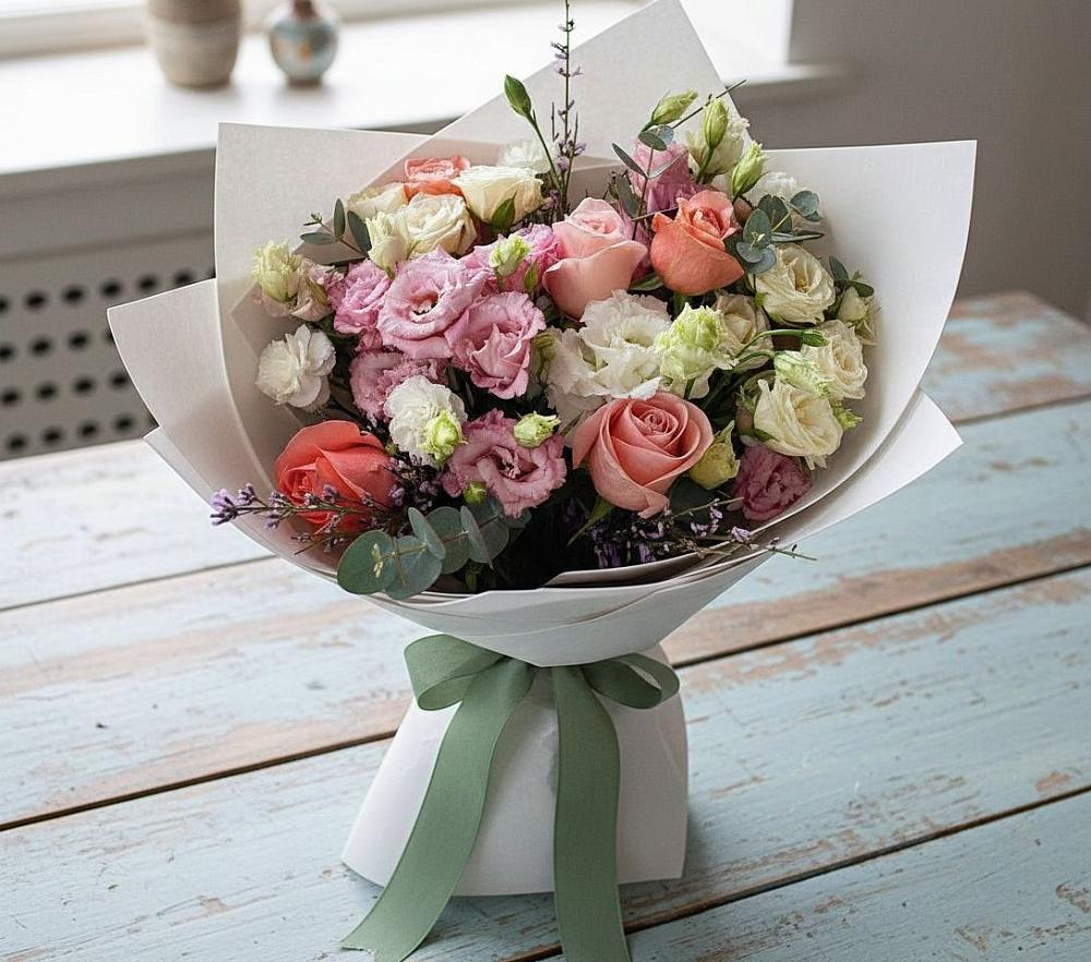 Букет цветов из: Розы, Лизиантусы и Гвоздики в Холм-Жирковский