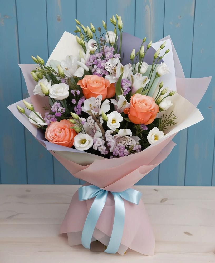 Букет цветов из: Лизиантусы, Розы, Альстромерии и Гипсофила в Холм-Жирковский